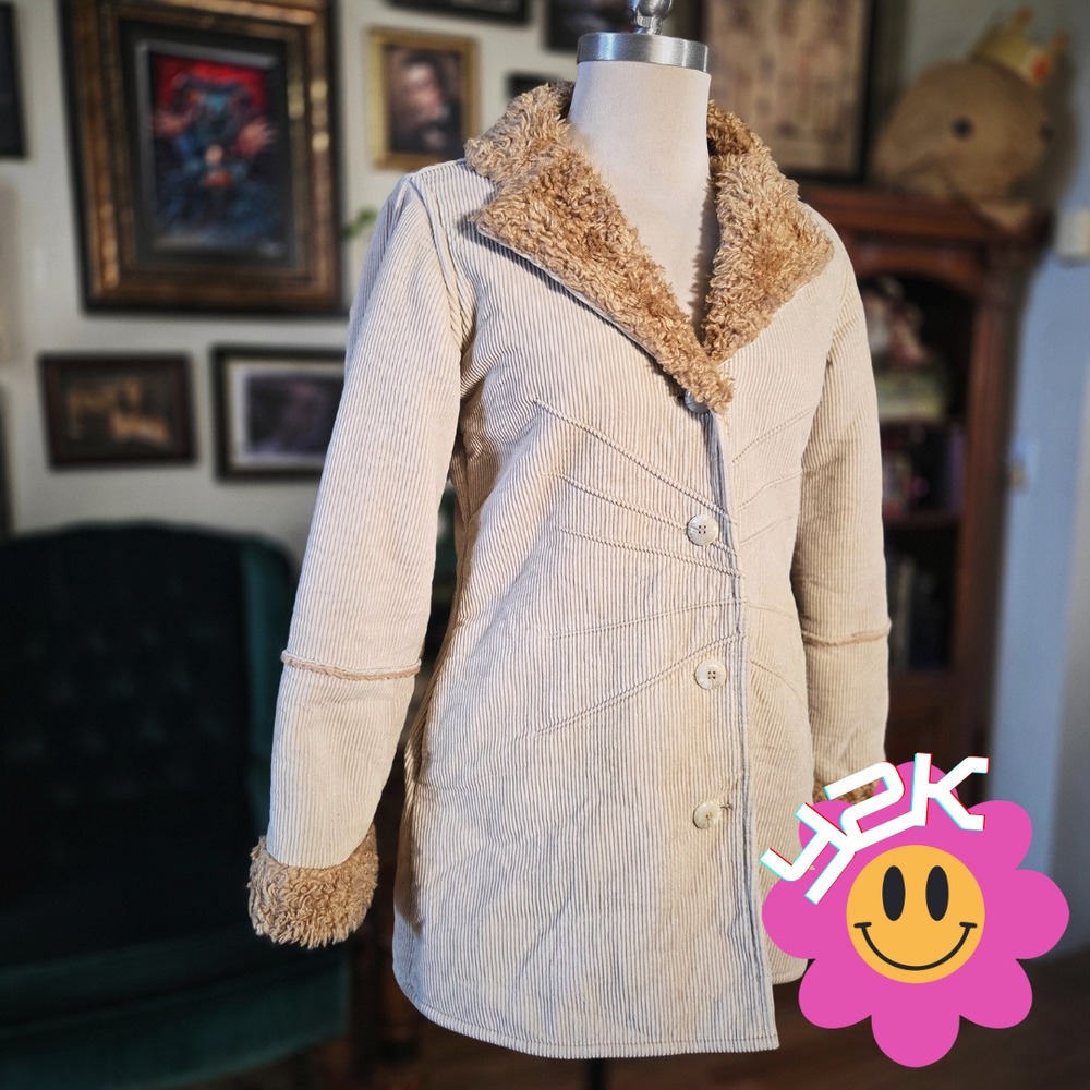 Rosy Love's Corduroy Jacket Faux Fur Trim Vintage Y2K Sherpa Lined Boho Coat S‎